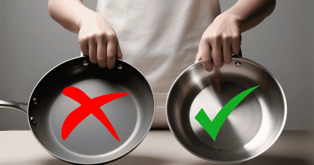 toxic cooking pan on the left and non-toxic cooking pan on the right