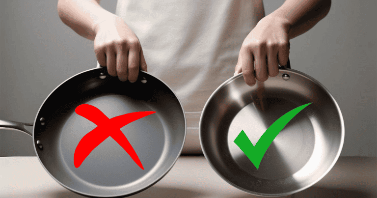 a person holding two pans with red x and green check marks