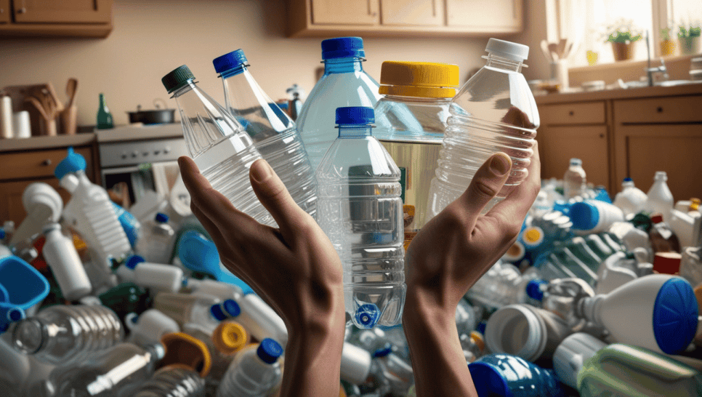 a hand holding plastic bottles which the non-toxic home guide suggest you remove or reduce from your home