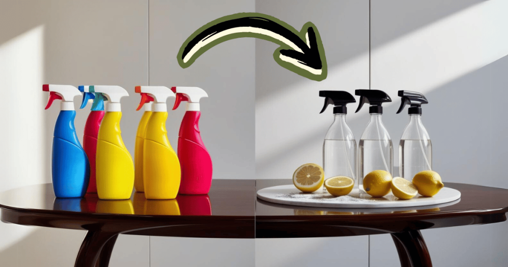 Photo showing the transition from colorful plastic cleaning products to natural cleaning products. This image shows hidden home toxins in store-bought cleaning products.