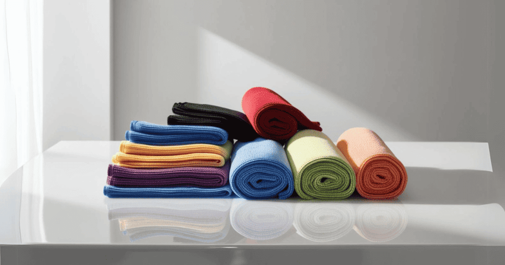 microfiber cloths of various colors neatly rolled up and folded on a white surface.