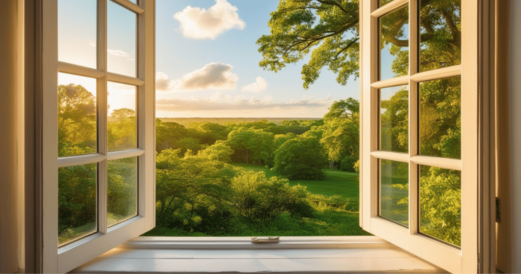 Open window overlooking a green pasture with lots of green trees. The sun is rising or setting and there are a few clouds in the sky. Proper air ventilation is effective for natural mold prevention.