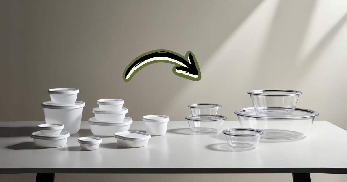 White plastic containers and clear glass containers on a table