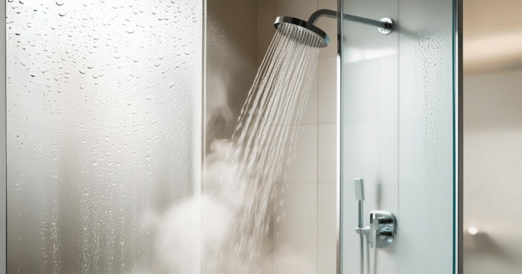 walk-in shower with water running and steam coming from the water