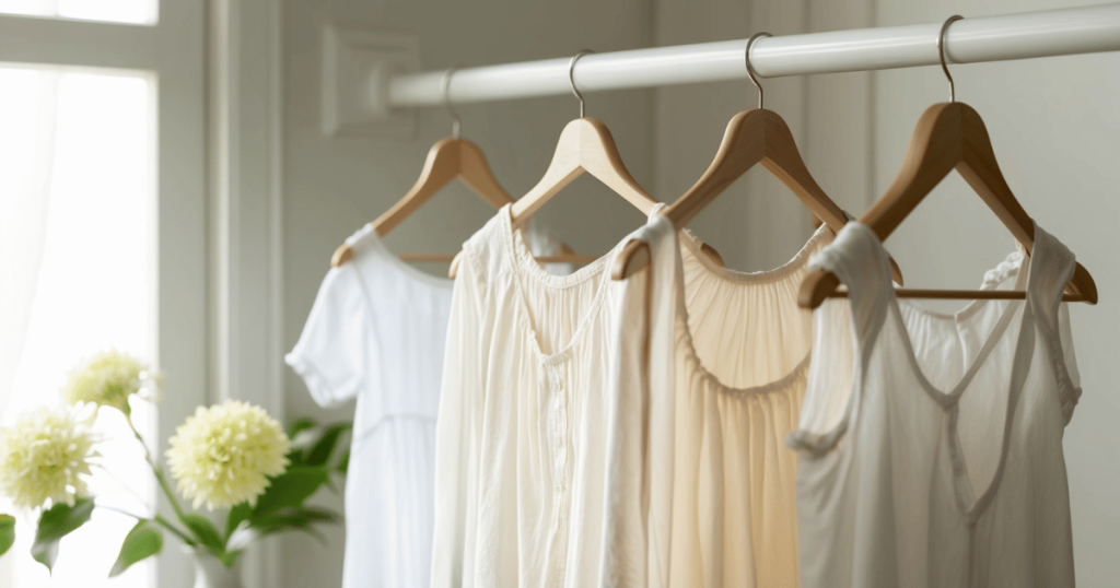natural colored blouses hanging on wooden hangers