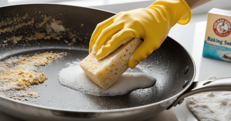 a hand in a yellow glove cleaning a non-stick pan with a sponge