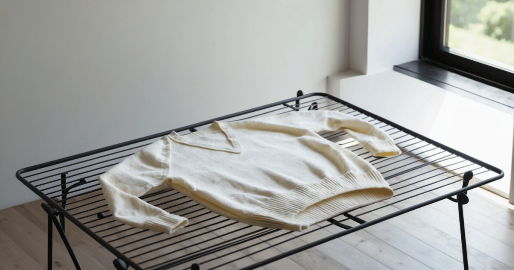 cream colored sweater laying flat on a black wire drying rack