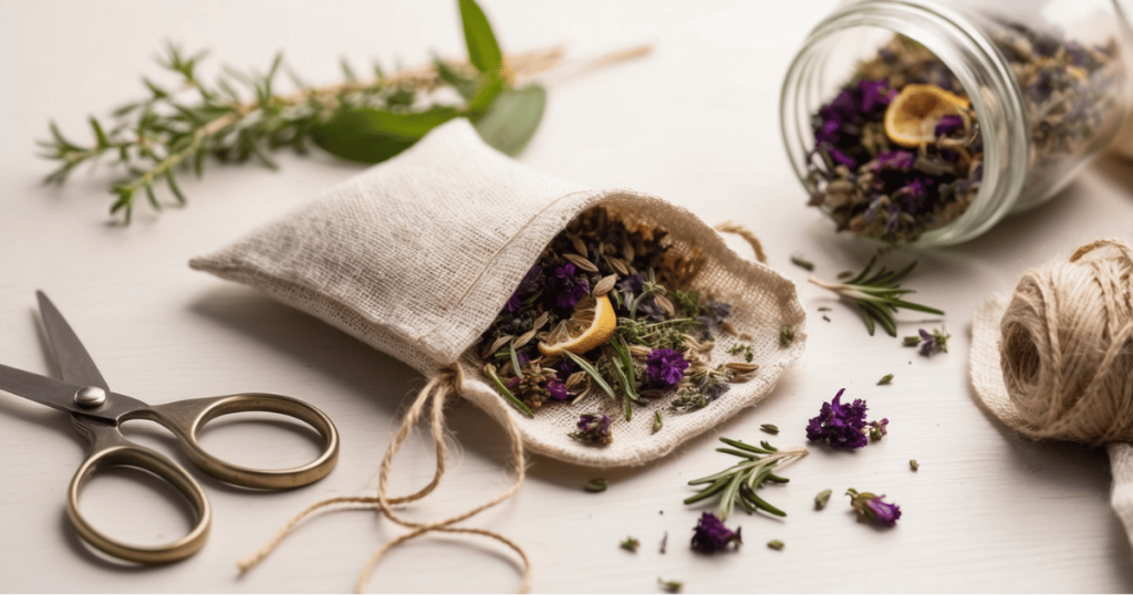 fried herbs in linen pouch