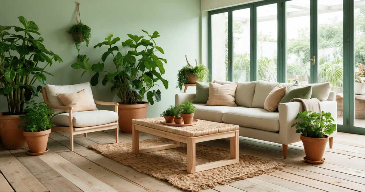 Living room with a big window and green leafy plants