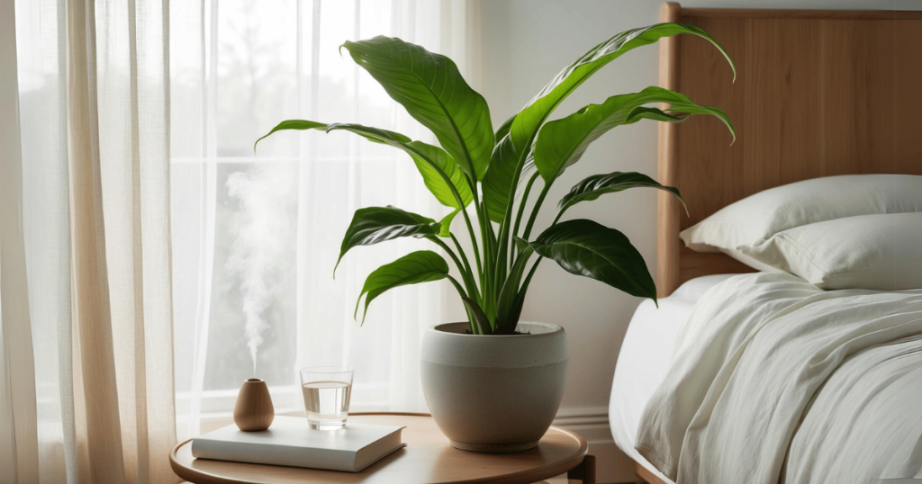 A green plant sitting on a nightstand.