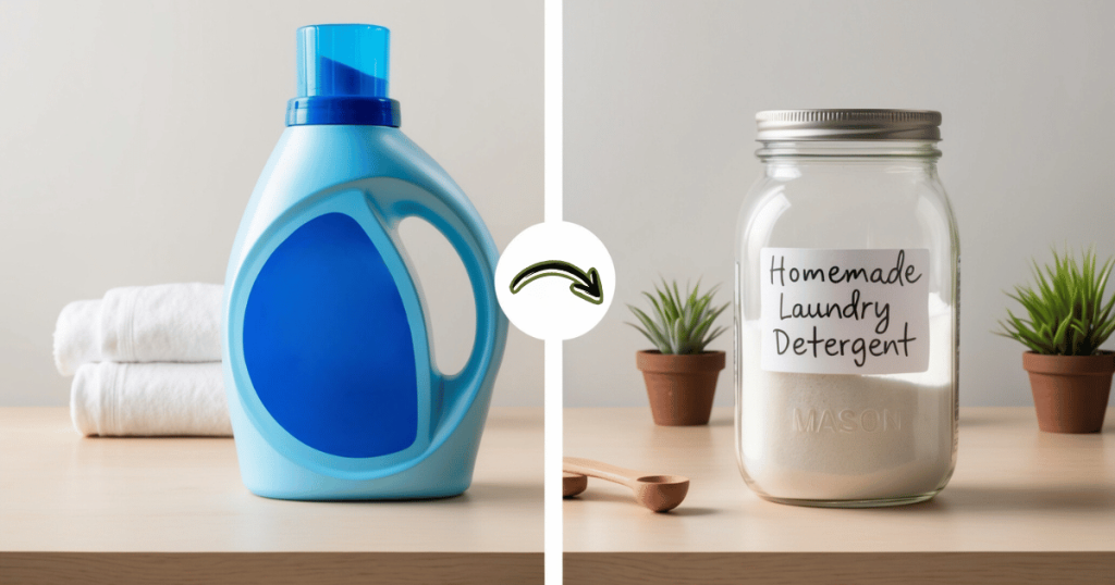 split image of commercial liquid laundry detergent on the left and homemade chemical-free laundry detergent on the right in a glass jar