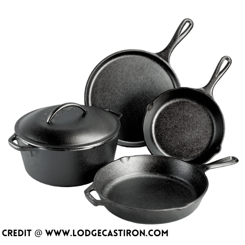 a group of cast iron pans
