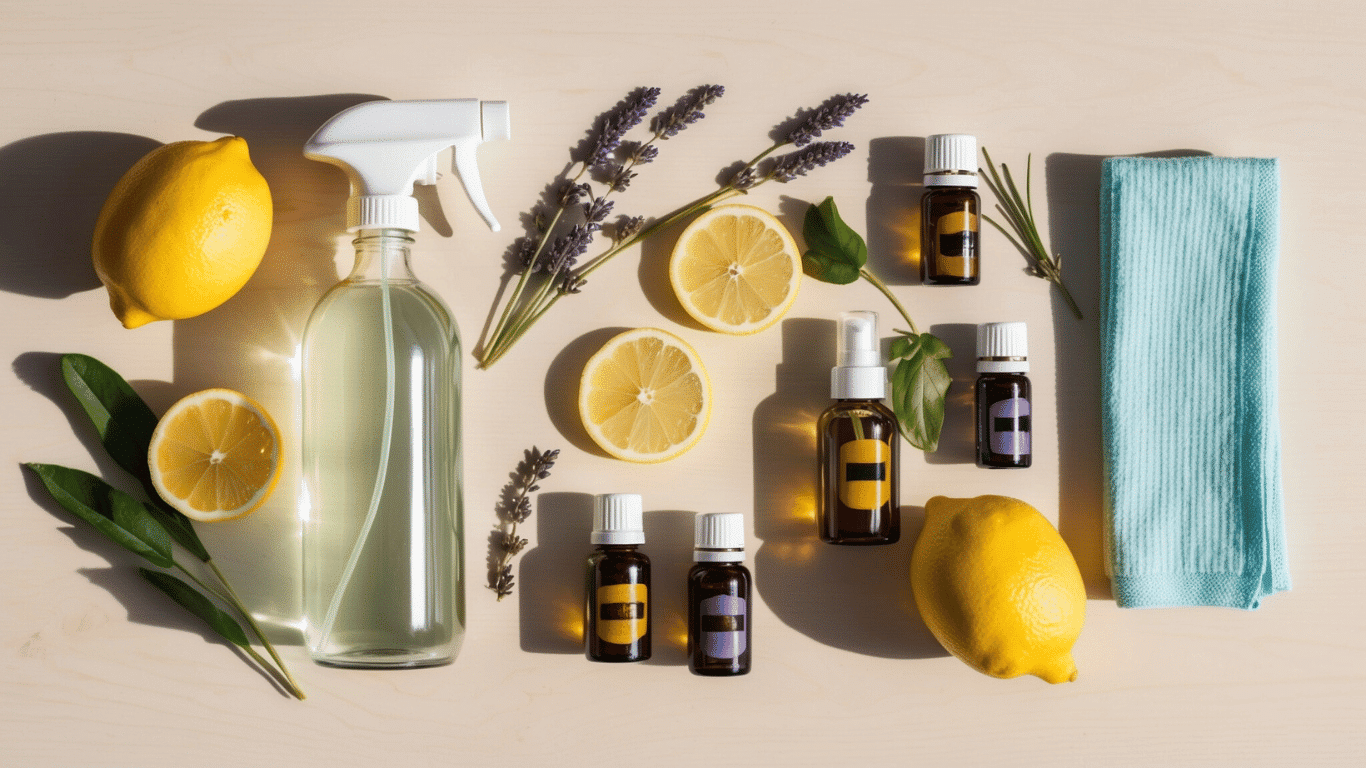 Lemon slices, lavender, essential oils, and glass spray bottle