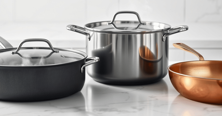 a group of aluminum pots on a counter