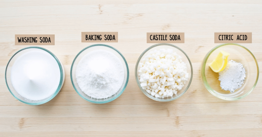 four clear glass bowls neatly lined up with ingredients to make natural laundry detergent for sensitive skin