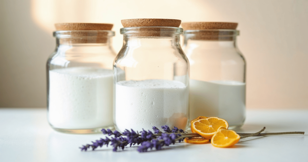 three glass jars with homemade powder laundry detergent